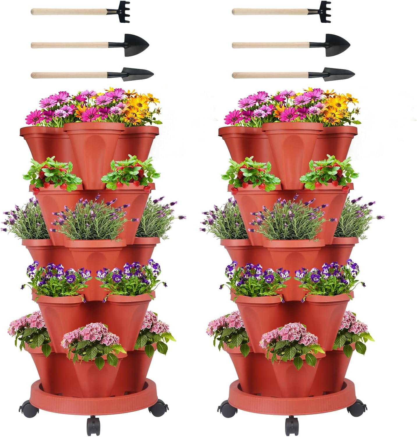 DUNCHATY Stackable Planters 5 Tier Vertical Garden Planting Tower Planters Strawberry, Herb, Flower, and Vegetable Planter Indoor Outdoor Gardening Pots with Removable Wheels and Tools, 2 Bundle