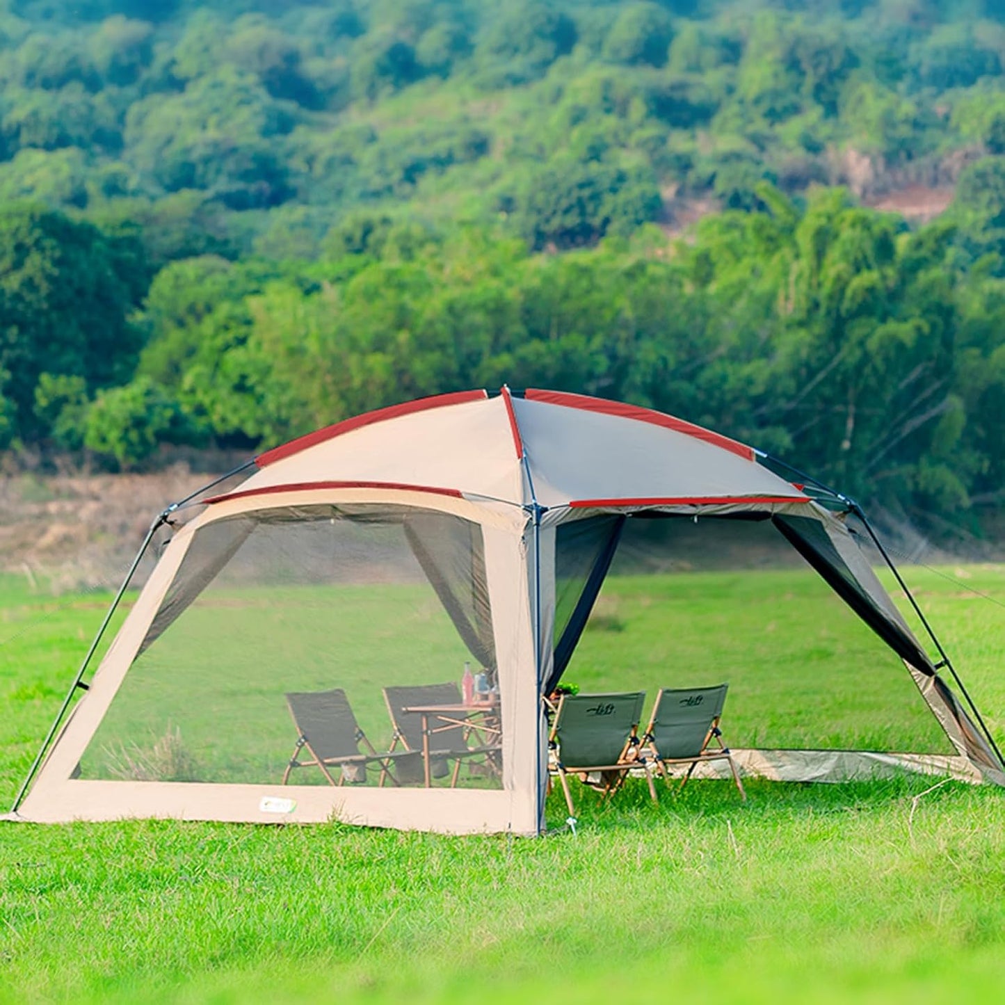 12x12 Ft Screen House Tent - Instant Pop Up Mesh Canopy Shelter with Waterproof & Sunshade Roof, Easy Setup for Camping, Backyard, Beach, Picnic, Red White