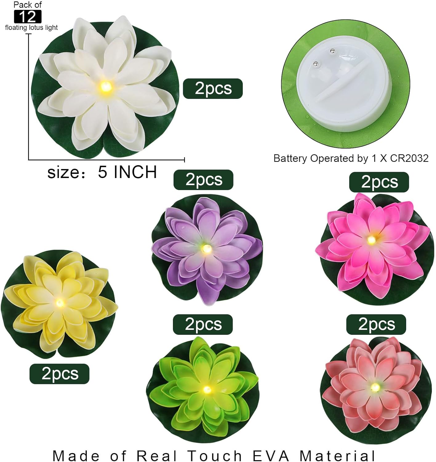 12 PCS Waterproof Floating Lotus Light - Diwali 5 Inch Floating Flower Light Battery Operated Water Activated Warm White Light Pool Flower Lamp Wedding,Anniversary,Garden Decoration(Mix-Color)