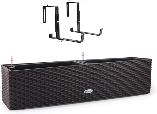 Dexceder 31.5 Inch Rattan Self Watering Planter Indoor Outdoor, Thickened Large Rail Flower Plant Pot Window Box with Water Level Indicators & Bracket (Brown)