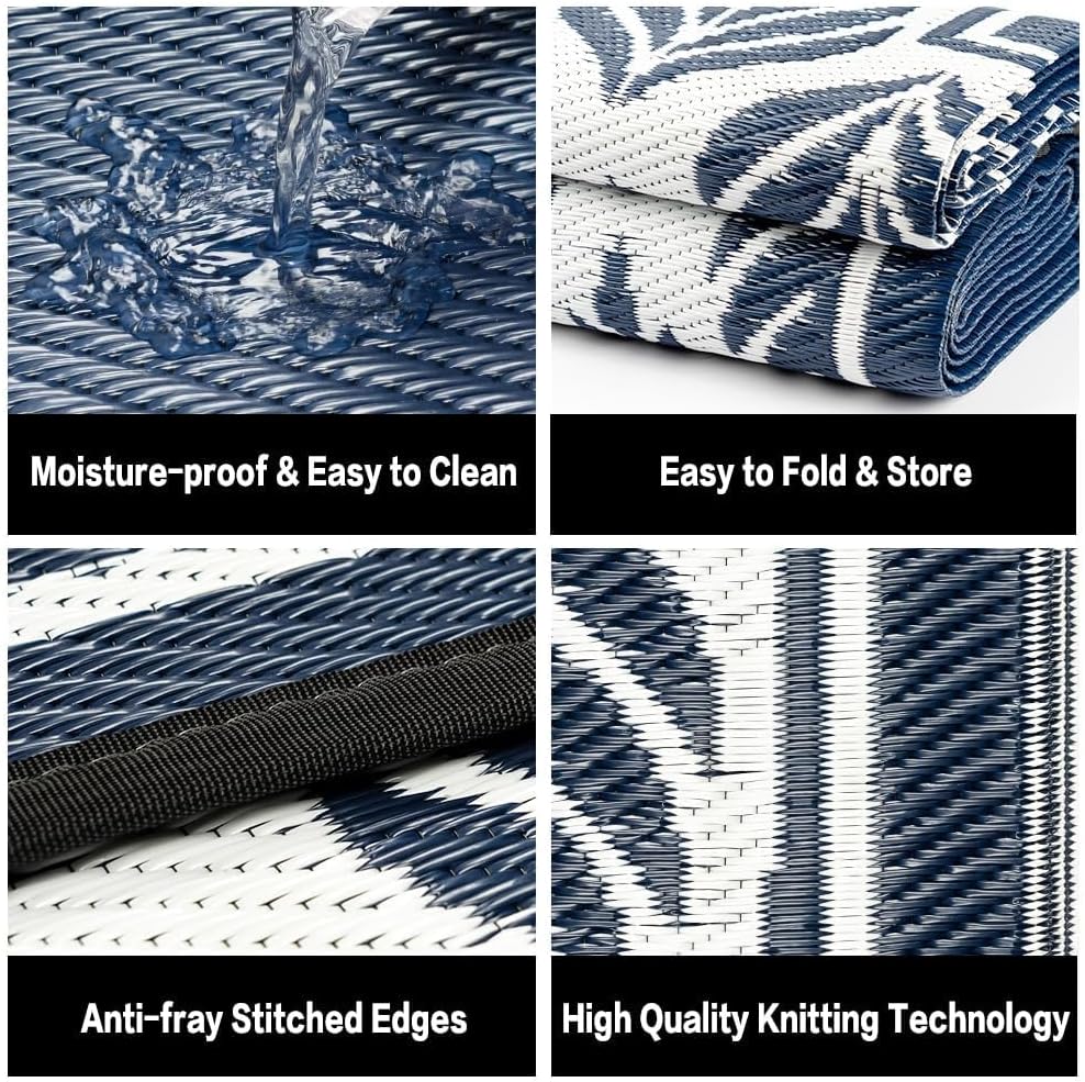 Outdoor Plastic Straw Rug, Waterproof Mat, Washable Large Floor Mat and Rug for Outdoors, RV, Beach, Patio, Camping, Backyard, Deck, Picnic, Outside (Olive-Leaf/Dark Blue&White,9x12ft)