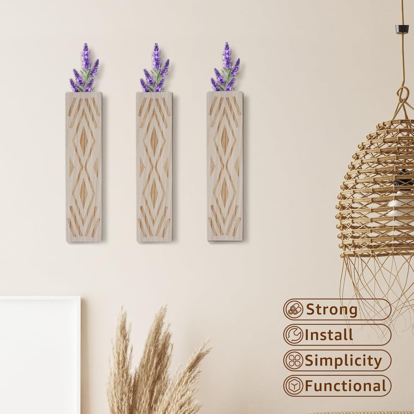 3PCS Wood Wall Planter for Indoor Plants, Wall Planter Vase, Stylish Wood Hanging Vase, Decorative Wood Wall Pocket Vase, Rectangular Hanging Planter for Living Room Bedroom Office(Beige)