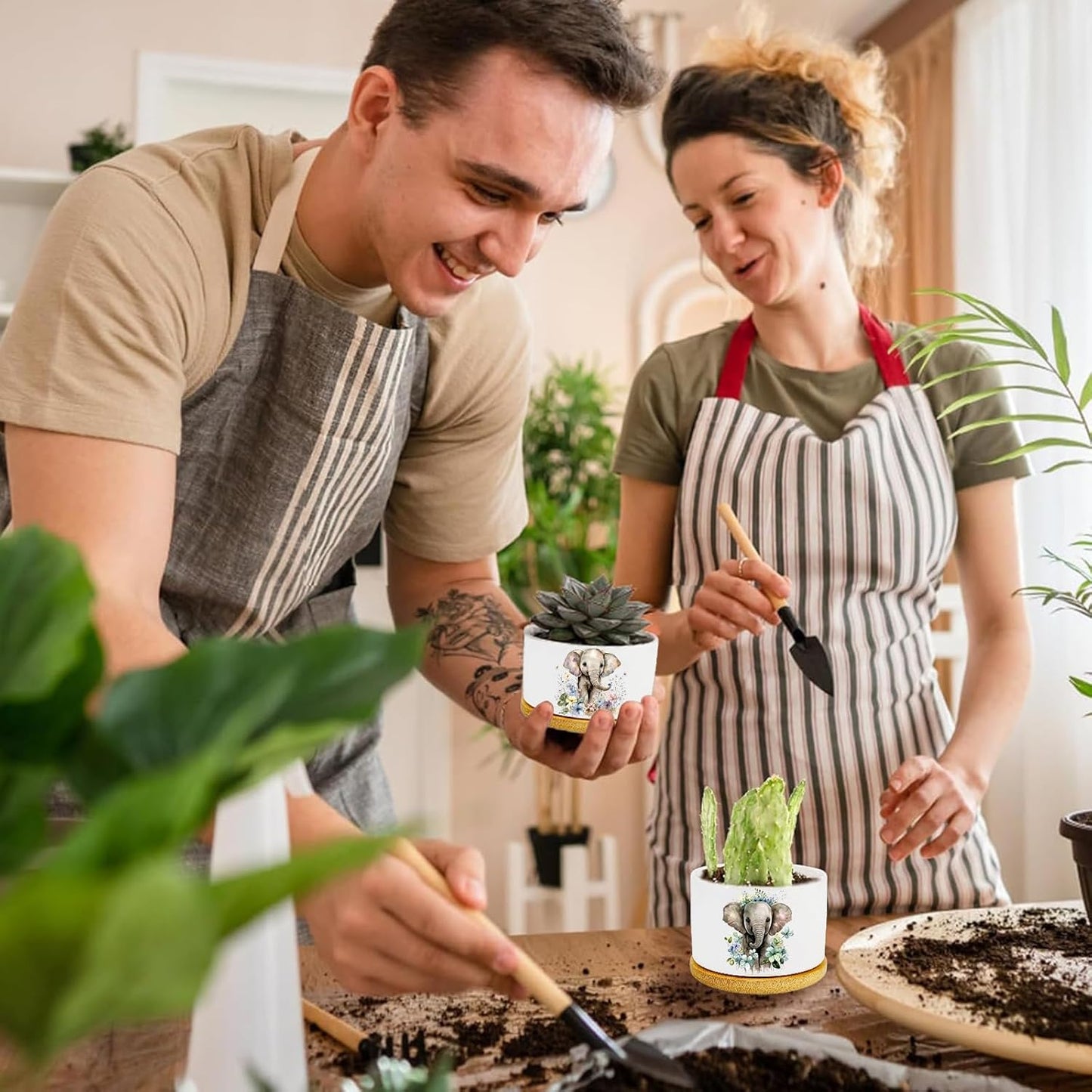 Elephants Succulent Pots 3 Pack, 3 Inch Succulent Planters with Drainage and Bamboo Tray, Elephants Gifts for Women, Ceramic Small Pots for Baby Plants, Cactus, Herbs- Plants Not Included