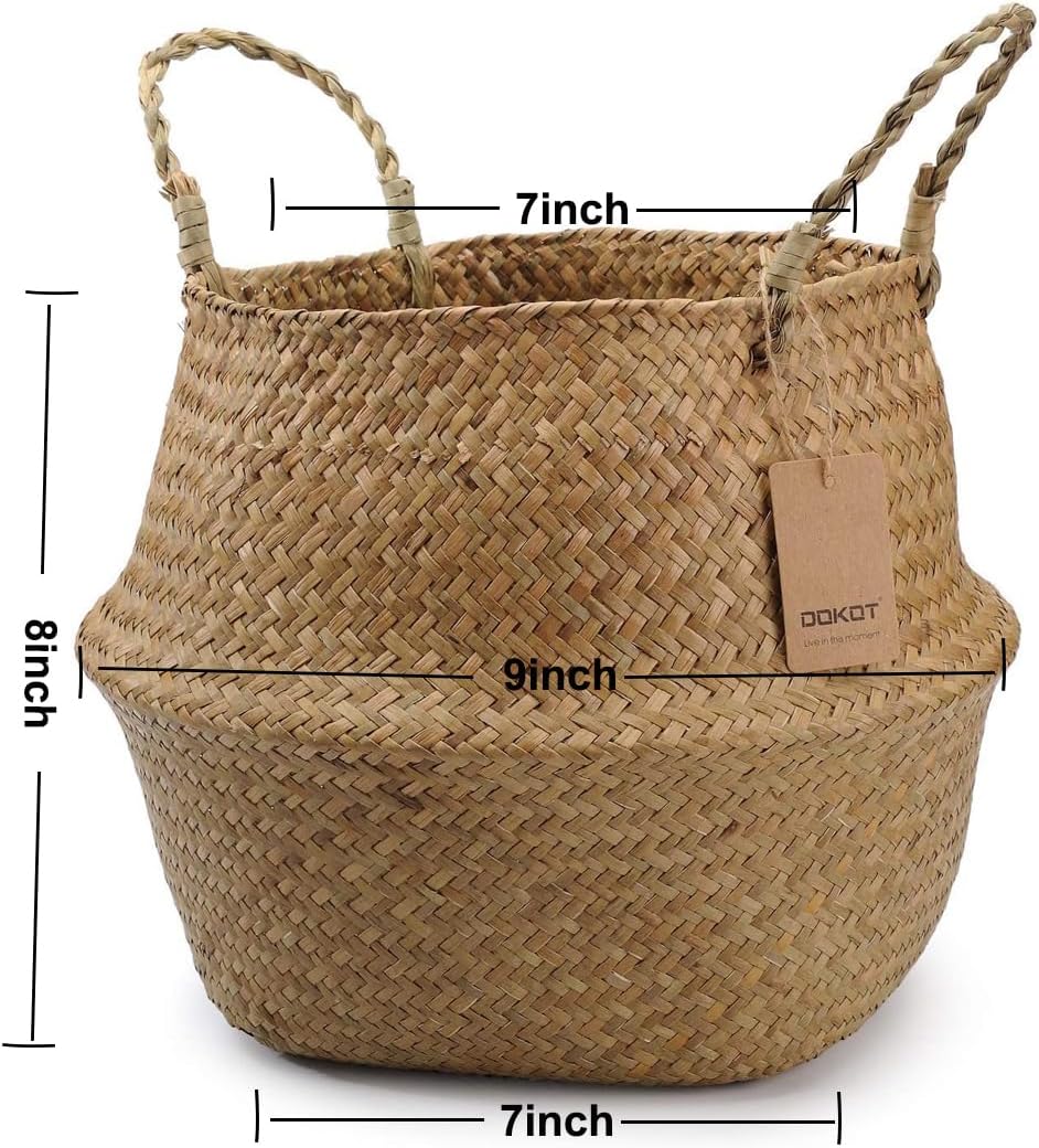DOKOT Seagrass Plant Basket with Handles, Woven Storage Basket, 7inch Diameter x 8inch Height