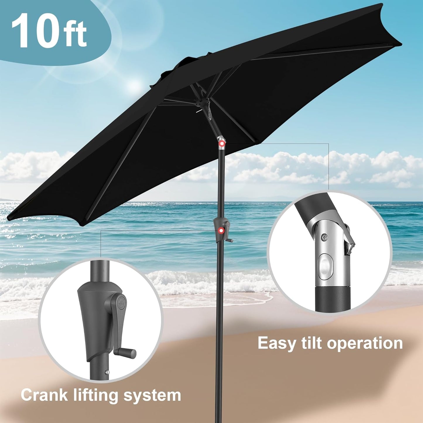 FLAME&SHADE 10ft Patio Umbrella - Outdoor Umbrella with 6 Sturdy Ribs, Push Button Tilt and Crank, UV Protection Table Market Umbrella for Pool, Porch，Garden, Deck, Backyard (Black)