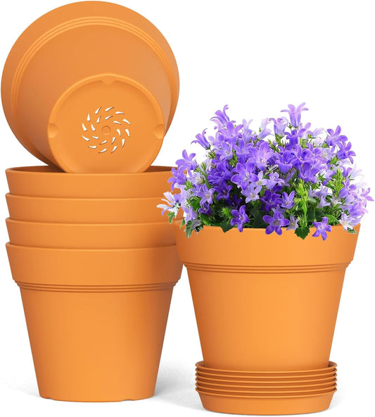 7 Inch Thick Plastic Plant Pots with Drainage Holes and Trays – 6 Pack Nursery Pots for Indoor & Outdoor House Plants, Seedling Starter Planters for Garden Flowers, Terracotta