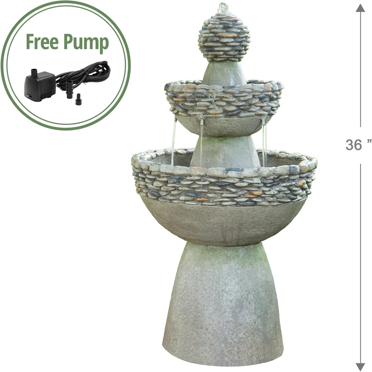 Teamson Home 36.5 in. Outdoor 3-Tier Zen-Style Pedestal Water Fountain in. with Stone Trim with Pump and 2.64 Gallon Capacity, Stone Gray