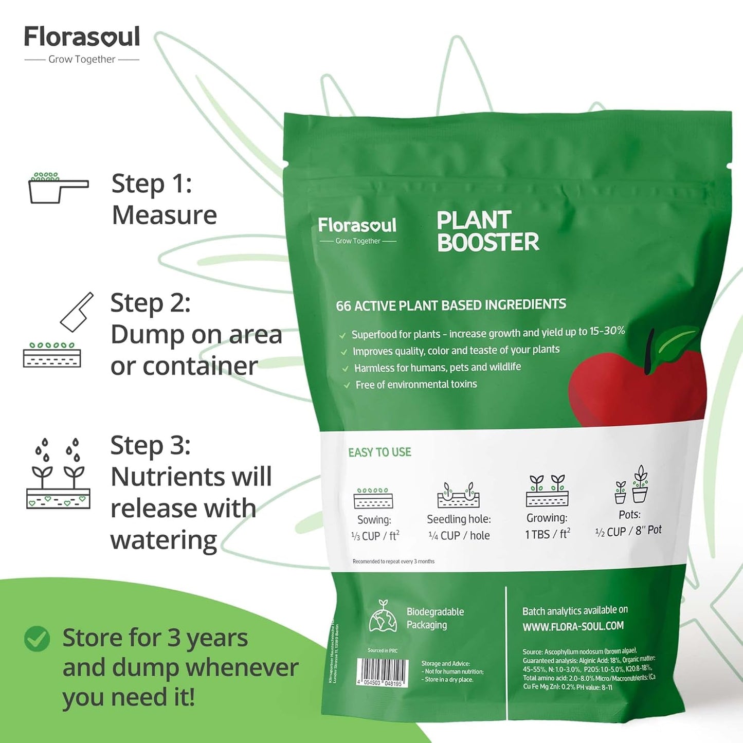 Florasoul® Organic Fertilizer Slow-Release, Vegan Plant Food for Self-Sufficient Gardeners! All-Purpose, Nutrient-Rich Granules - Thriving Vegetables, Herbs, Flowers, Soil – Eco-Friendly & Pet-Safe