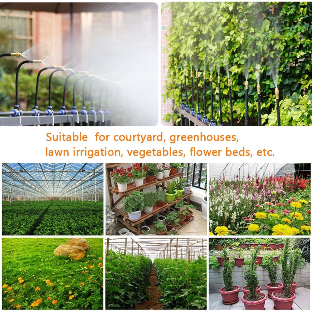 Garden Watering System, Greenhouse Mist Drip Irrigation Kit, 64.5 Ft Hanging Plant Watering System with 20 Three-Way Atomizing Nozzle and 12mm Irrigation Tubing Hose, Gold