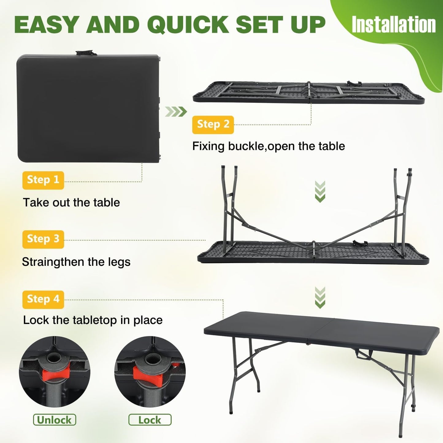 6FT Folding Table, Heavy Duty Plastic Table Portable Fold-in-Half Utility Table Indoor Outdoor Picnic Table w/Handle & Lock for Camping BBQ Party Wedding Market Events, Black