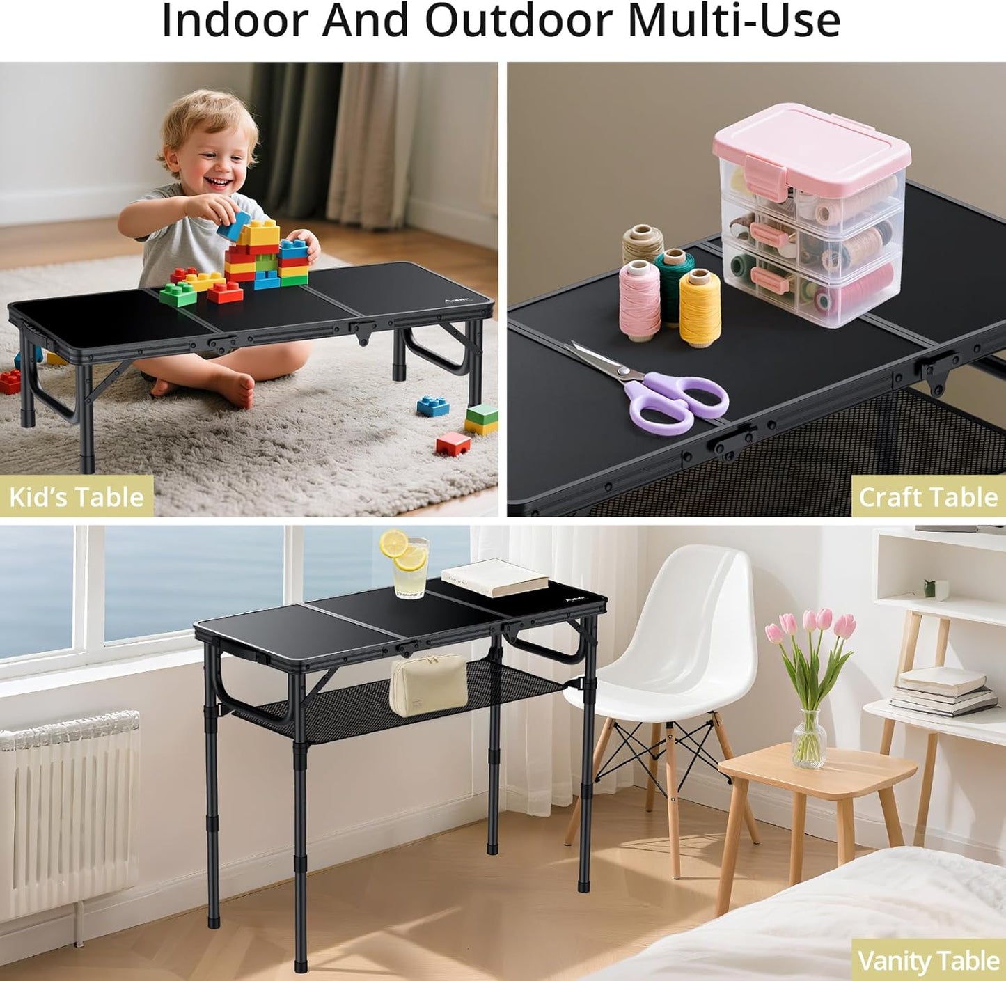 Folding Camping Table with Storage Net, 3ft Camping Table Aluminum Folding Table with 3 Adjustable Height Max 27.5 Inch Picnic Table Portable Table for Outdoor Backyard BBQ, Pure Black