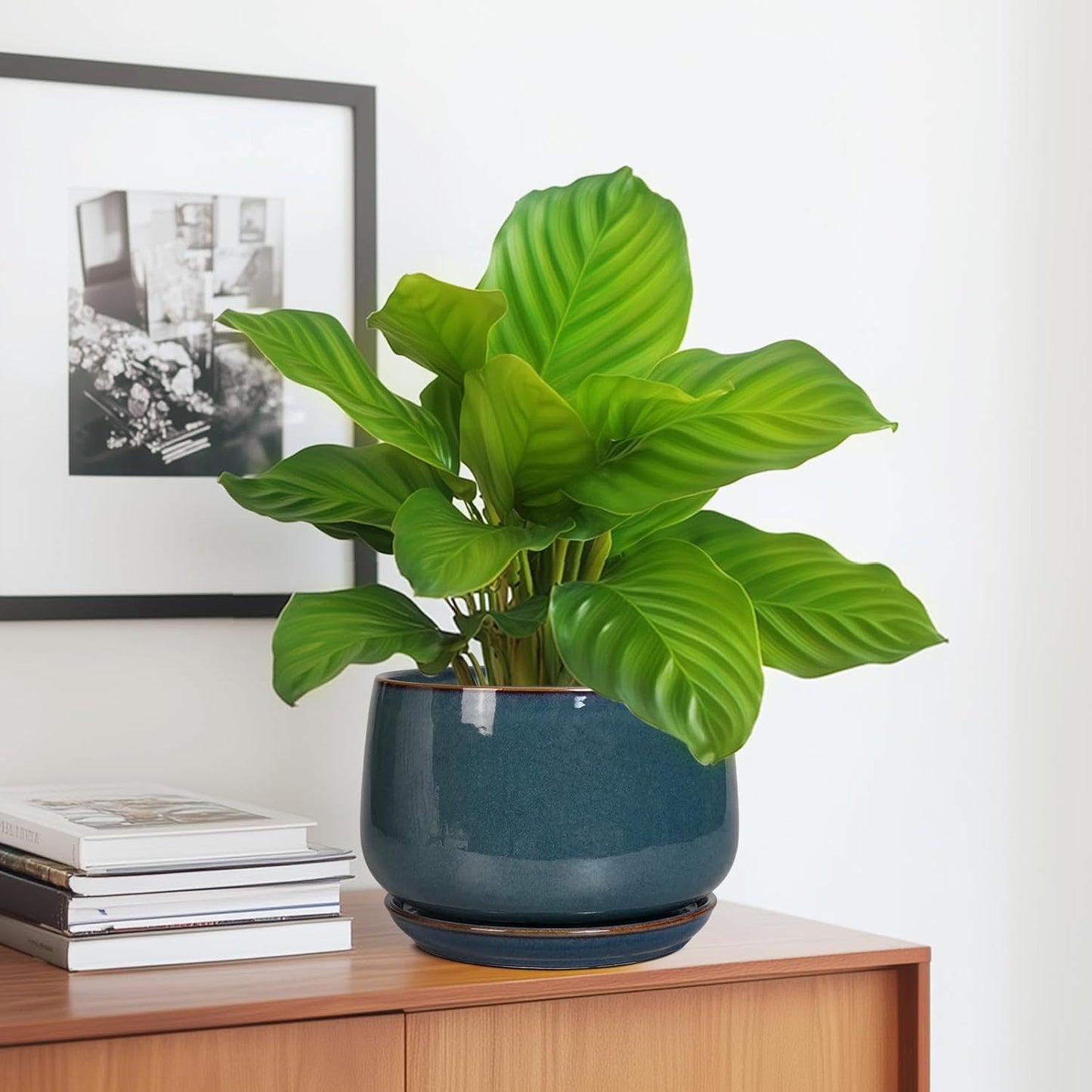 G EPGardening Ceramic Pot for Plants - Modern 7 Inch Round Planter with Drainage and Tray Indoor Outdoor for Flower, Porch Decor, Gardening Gifts, Retro Blue