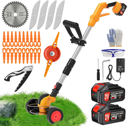 Electric Weed Wacker Cordless Battery Powered Eater,21V/4.0Ah Lightweight No-String Weed Trimmer with 2 Battery Operated& Wheels,3 in 1 Stringless Grass Trimmer/Edger/Brush Cutter for Garden Yard Lawn