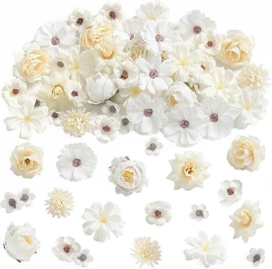 Faux Flower Heads Small Silk Artificial Flower DIY Fake Mini Flowers Rose Daisy Multicolor Flowers Craft Supplies for Wedding Party Wreath Graduation Season Party Home Decor (45, White)