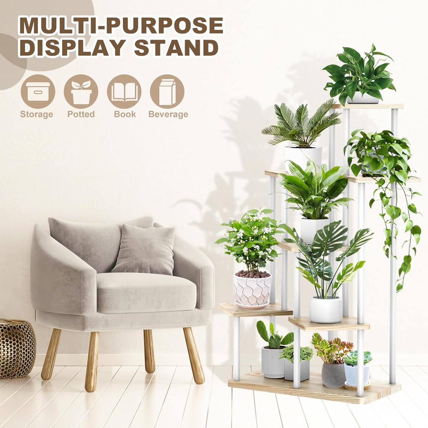 7 Tier Wood Tall Plant Stand Metal Rack Indoor, Multiple Flower Pot Holder Shelves Corner Rack, Planter Shelf Display Rack Storage Organizer for Patio Living Room Balcony Garden(White Oak)