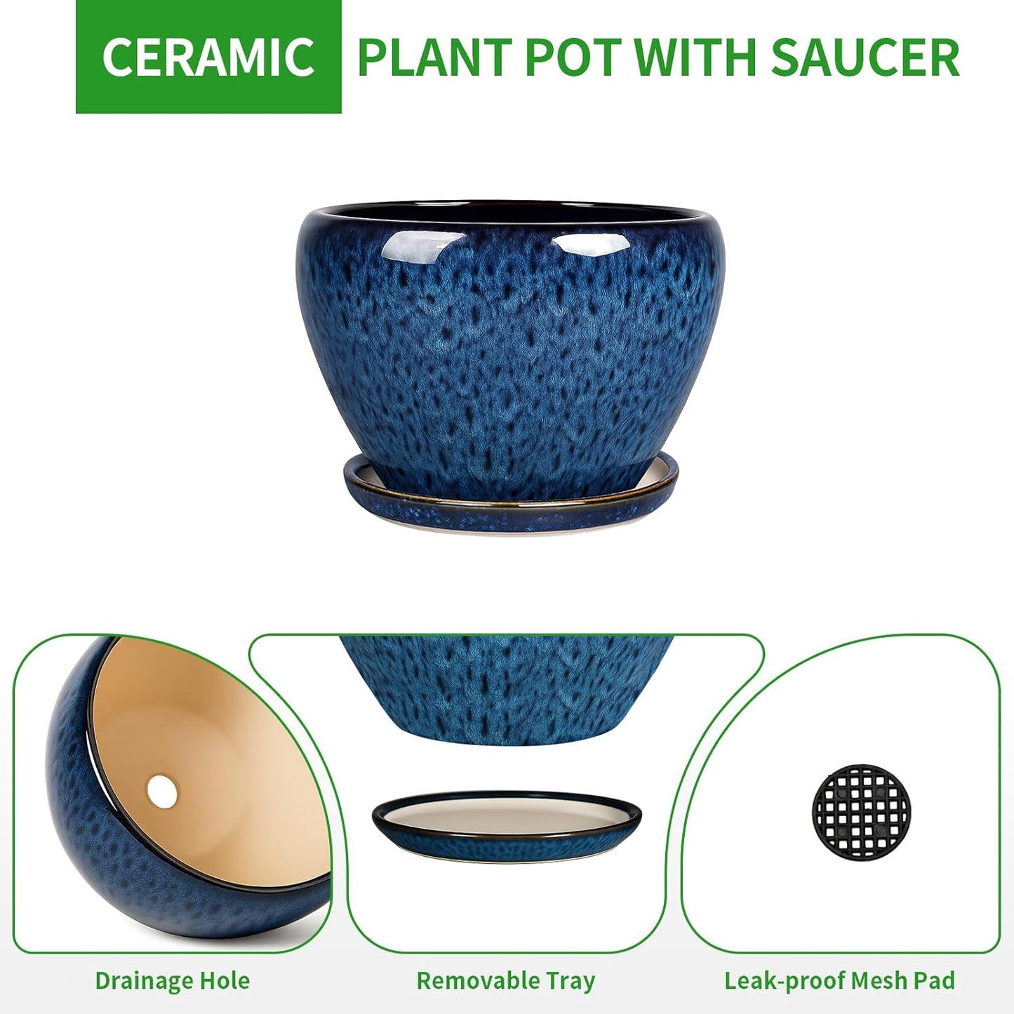 Deep Dream 8 Inch Plant Pots- Ceramic Pots for Plants with Drainage Hole and Saucer, Large Planter Pot for Indoor Plants Outdoor Decor, Blue