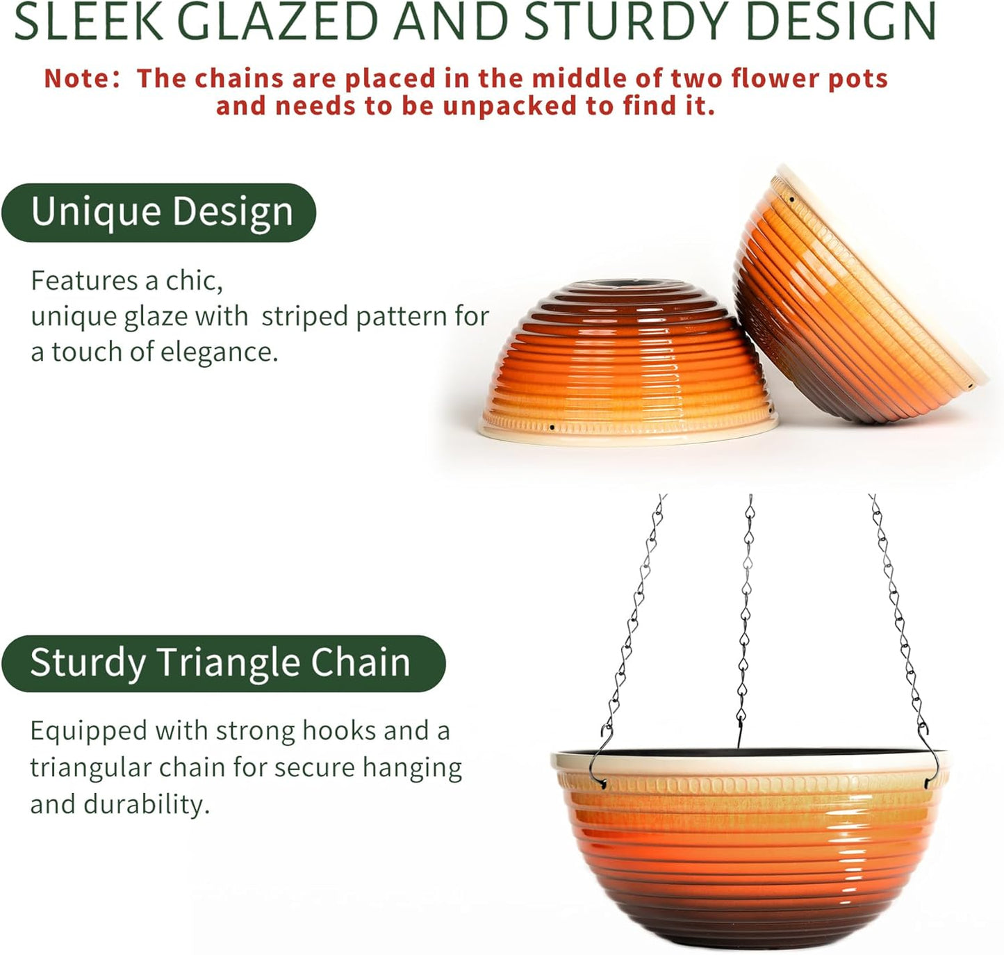 2 Pack Hanging Planters for Indoor Outdoor Plants, 10 Inch Hanging Planter with Drainage Hole & Plug Glazed Hanging Baskets Flower Pots for Garden Home, Orange