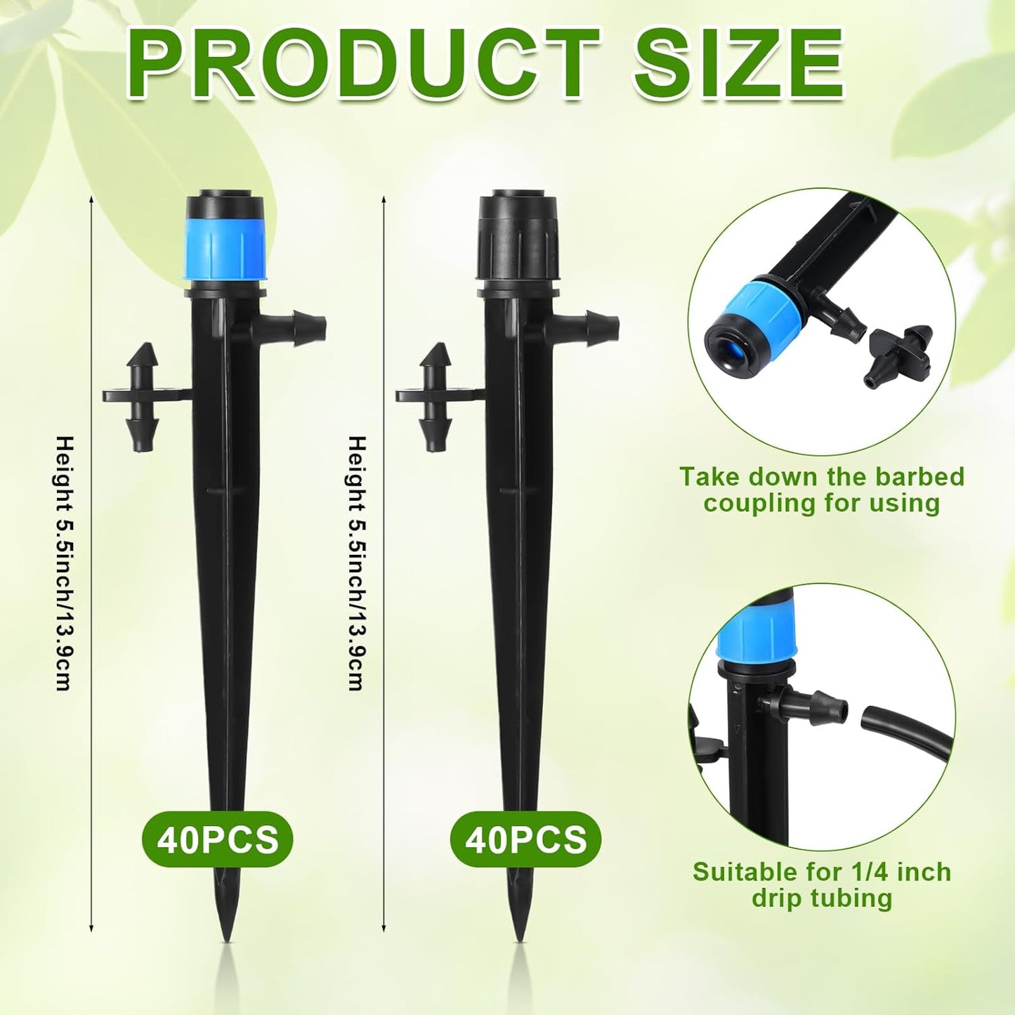 80 Pcs Drip Irrigation Emitters with Adjustable 360 Degree Water Flow Drippers for 1/4 Tubing Sprayer on 5.5 Arrow Stake for Garden System(Blue, Black,Double Barbed)