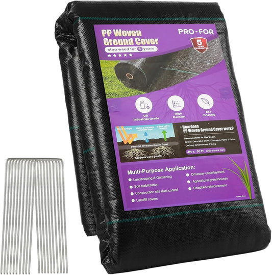 Heavy Duty Weed Barrier Fabric 4ft x 50ft, Landscape Ground Cover for Gardens & Driveways, Premium Weed Control with 10 U Shaped Staples