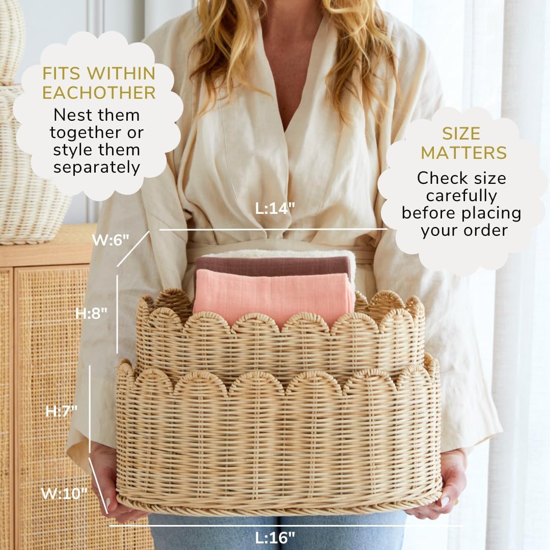 BEBE BASK Premium Scalloped Basket Set Of 2 - Scallop Basket - 16 x 10 x 7 Inch - Hand-Woven Elegant Wicker With Scalloped Edge - Nursery Storage (Natural)