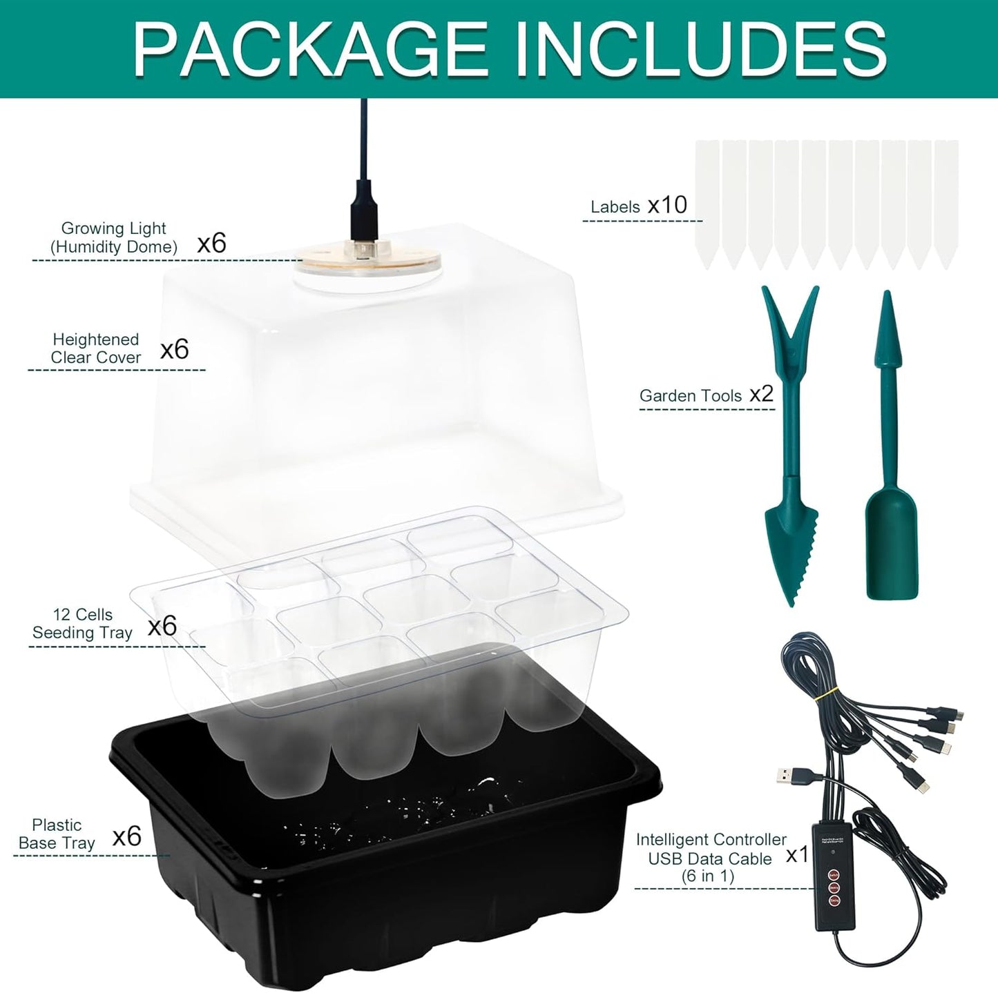 6-Set Seed Starter Tray with Grow Light, Seed Starting Trays Kits with Timing Controller Adjustable Humidity Domes Heightened Lids(12-Cells Per Tray)
