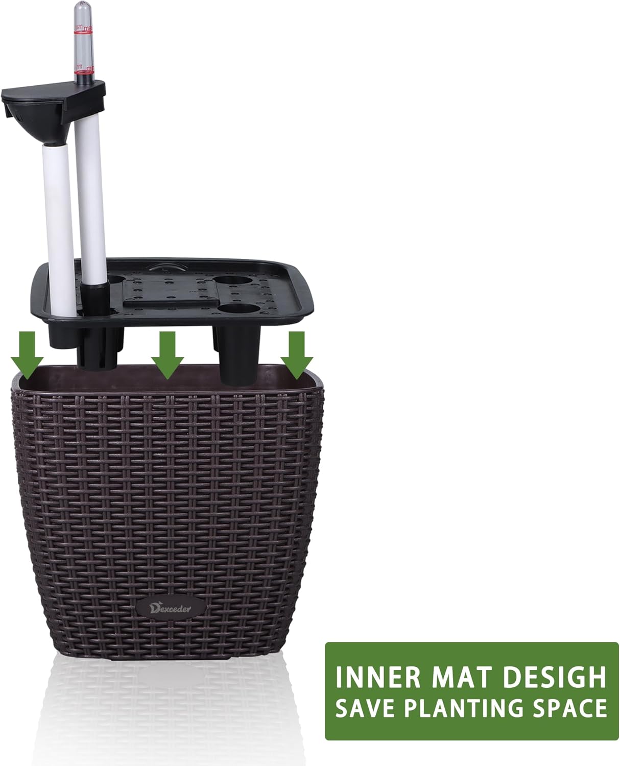 Dexceder 11x10 Self Watering Planter Indoor Outdoor, Inner Mat Design, Thickened Table Flower Plant Pot with Water Level Indicator (Brown Rattan)