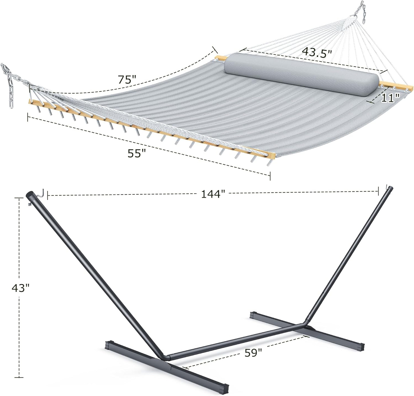 Double Hammock with Stand for Outdoor, Heavy Duty Portable Hammock with Adjustable Steel Stand for Patio, Garden, Beach, Backyard - Includes Carrying Bag,Dark Grey