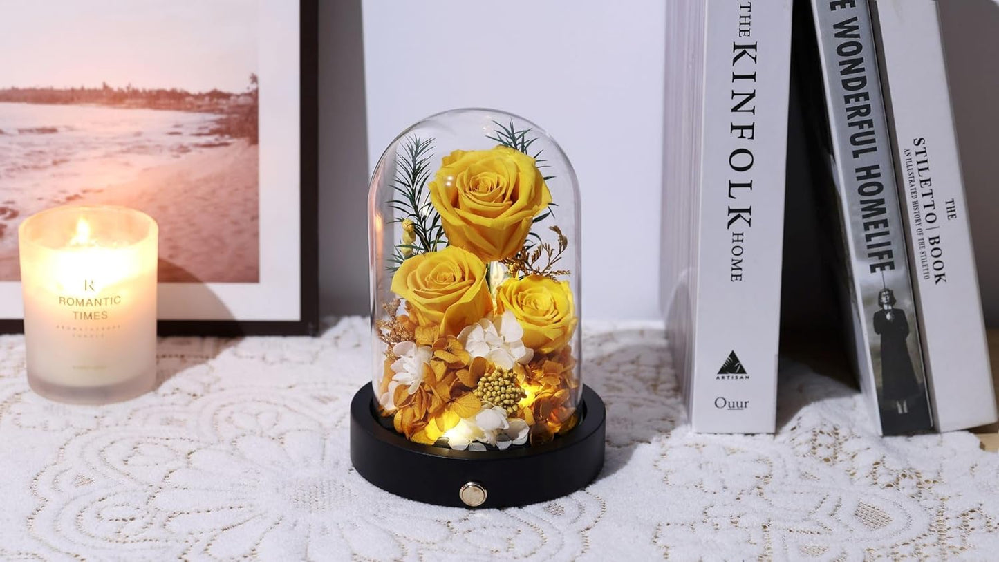 Flowers for Delivery, 3 Yellow Forever Roses in Glass Dome with LED, Preserved Real Rose, Valentines Day Anniversary Birthday Mothers Day Flower Gifts for Mom Her Women Wife Mother