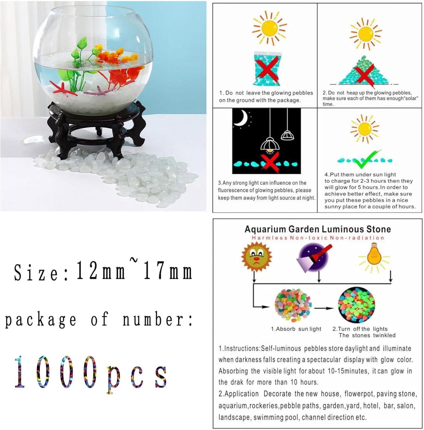 Glow in The Dark Stones 1000 Pcs Glow Pebbles Aquarium Rocks White Stones for Fish Tank Lawn Yard Garden Walkway Plant Pots