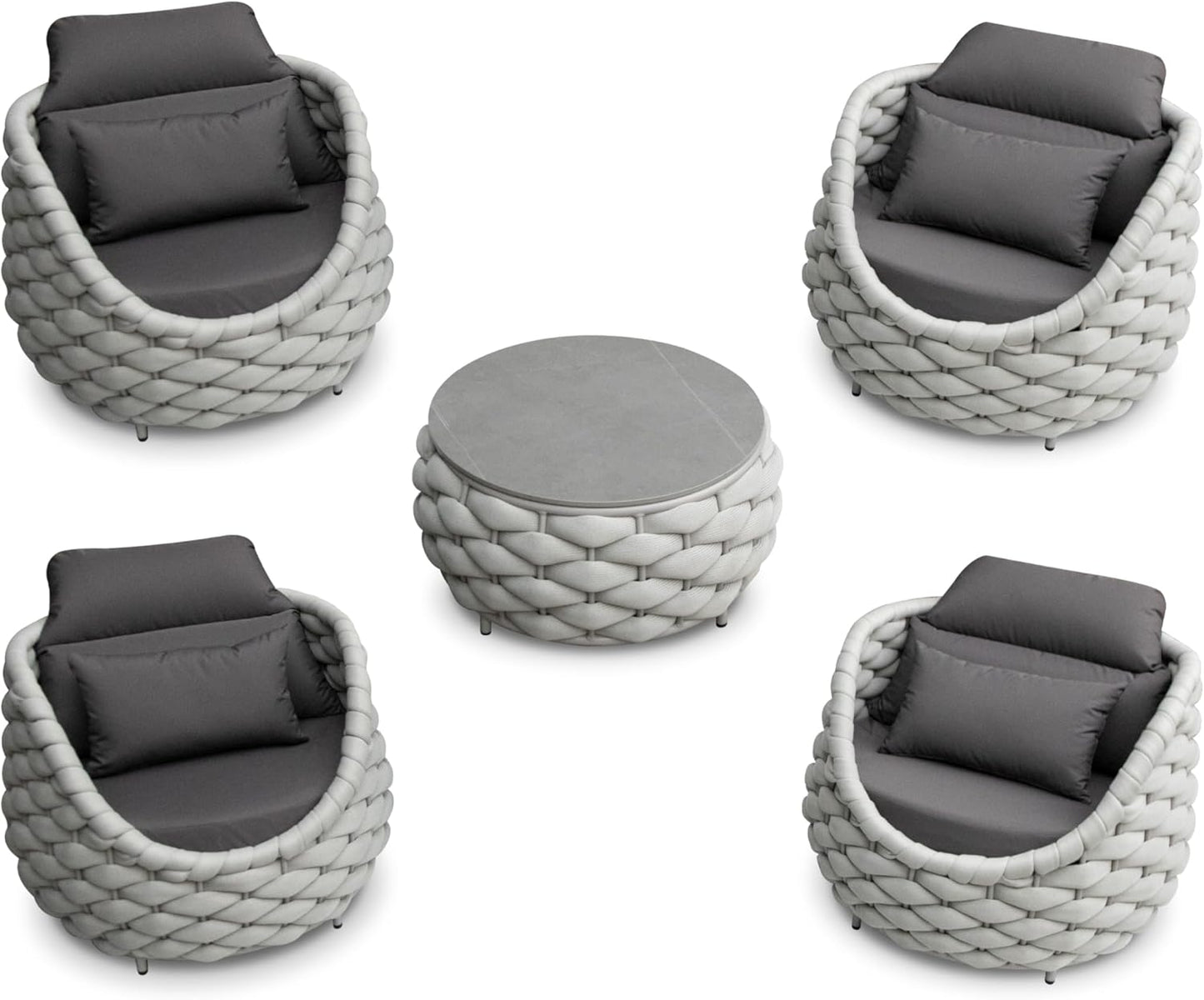 Front Porch Furniture 5 Piece Set: Aluminum Woven Rope Patio Conversation Sofa Set - Assembled Accent Chair Modern - Cushioned Armchair Couch Set for 400 lbs Deck Backyard Poolside Garden Hotel