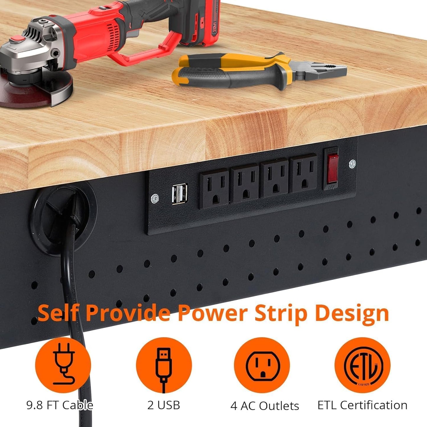48x24 Inch Garage Workbench with Wheels, Adjustable Rubber Wood Top Garage Workbench with Power Outlet, 2000 Lbs Load Capacity for Workshop, Woodworking, Office
