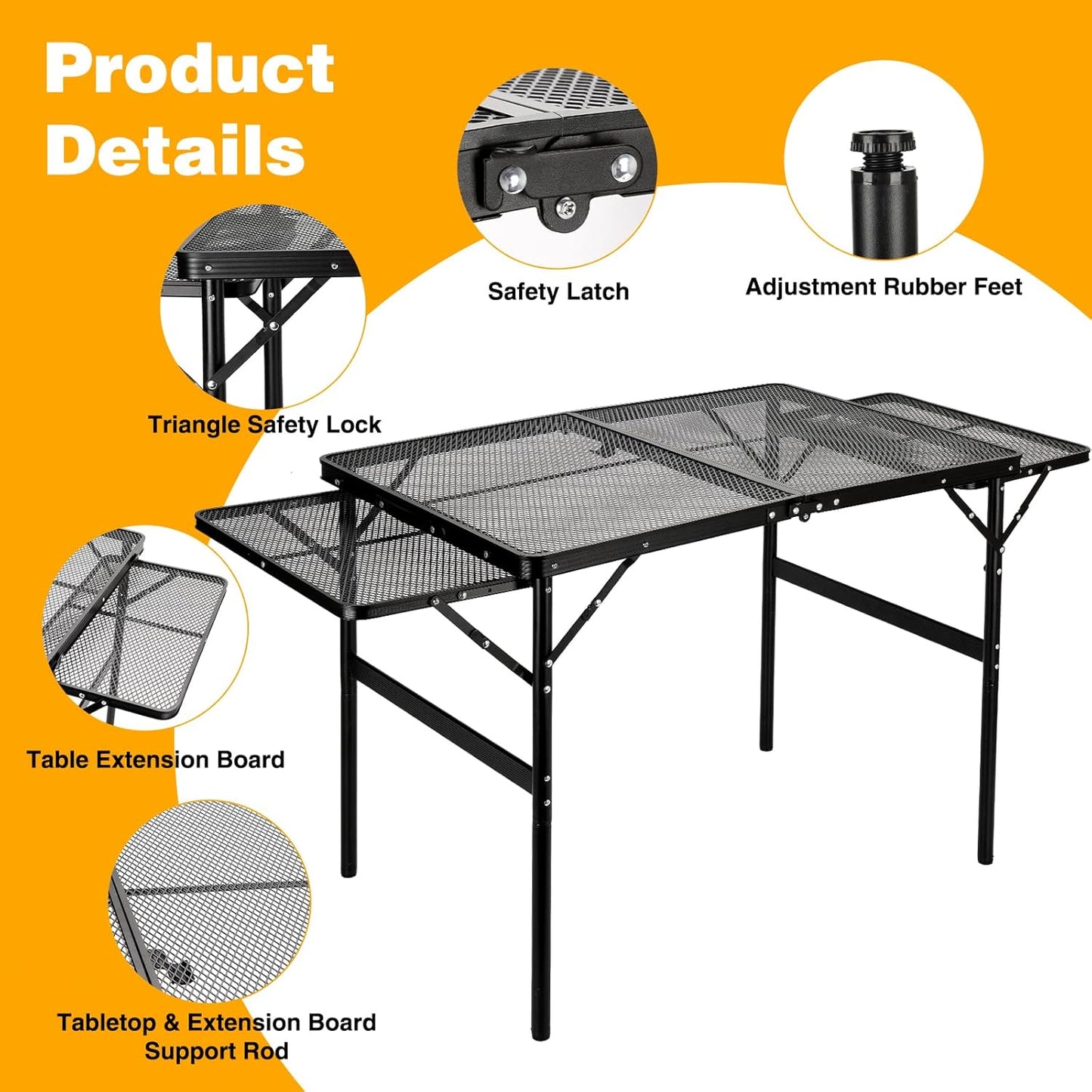 Grill Table Folding Table with 2 Wing Panels 3FT+1.4 FT with Mesh Desktop 2 Height Adjustable Portable Grill for Outdoor Indoor Beach BBQ Picnic Travel RV Black