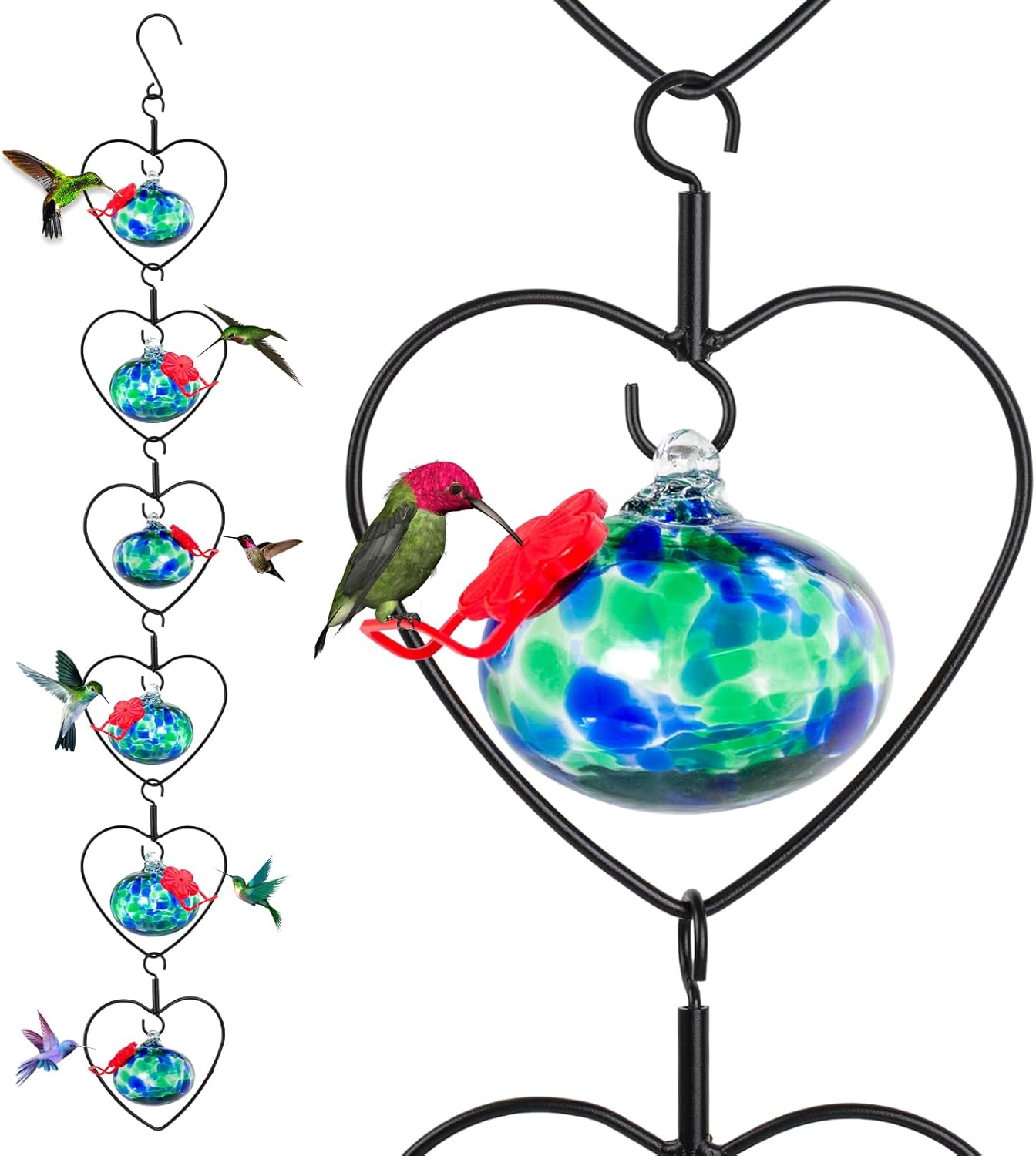 6 Pcs Heart-Shaped Hummingbird Feeder for Outdoors, Flexible Stackable Hand Blown Glass Humming Bird Feeders with 6 Adjustable Perch for Garden Tree Yard Patio Outdoors (Heart Shaped, Dotted Blue)