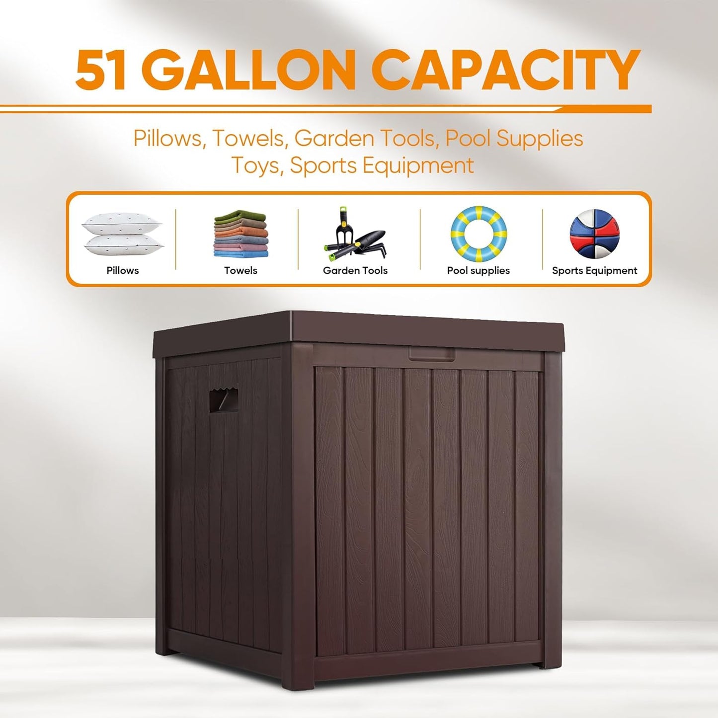 51 Gallon Resin Deck Box, Outdoor Storage Box Waterproof for Patio, Garden, Pool, and Deck, Storage Solution for Cushions, Tools, Delivery Packages, Brown
