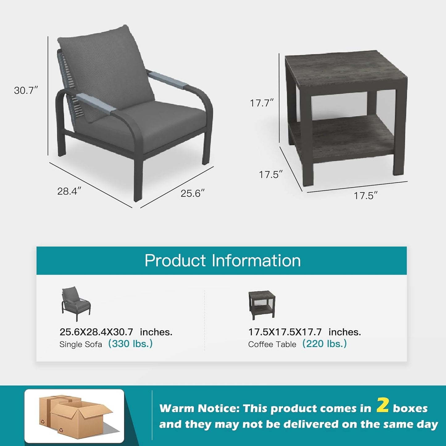 3 Piece Outdoor Bistro Set, Rattan Patio Furniture with Aluminum Frame & Coffee Table, Waterproof Cushion Fabric, High Elastic Sponge, Grey Terrace Patio Set