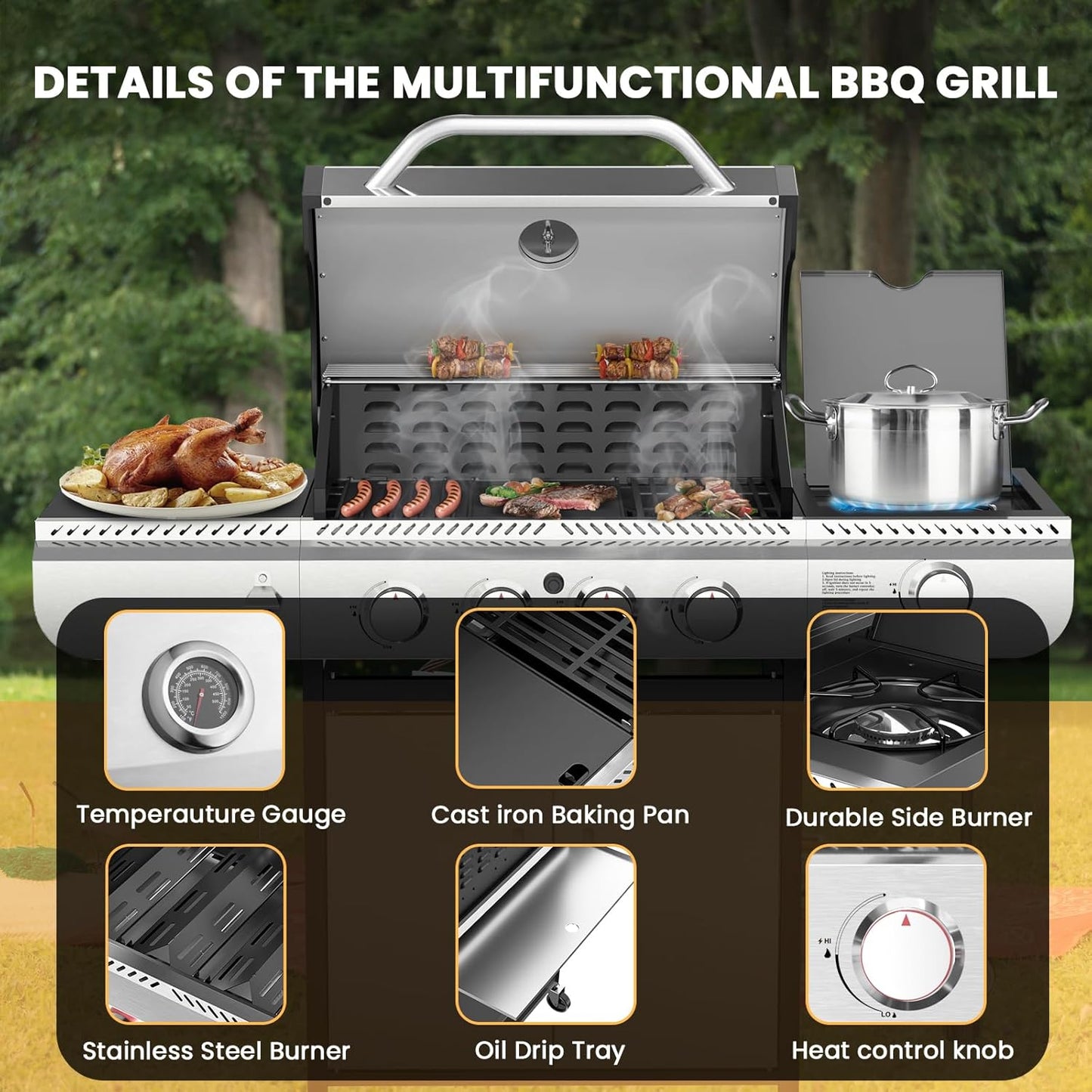 G41 Gas Grill,4-Burner Gas BBQ Grill with Side Burner, Porcelain-Enameled Cast Iron Grates, Baking Pan, 42,000 BTU Stainless Steel Propane Grill for Outdoor Cooking and Patio Barbecues