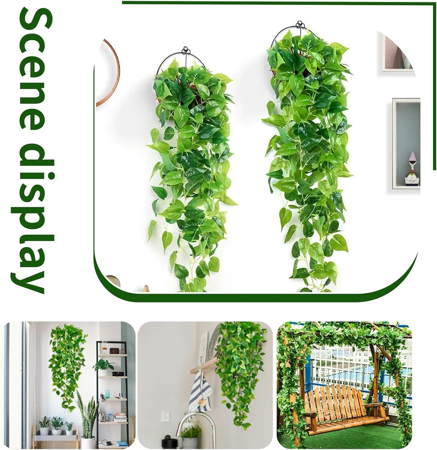 Fake Hanging Plants Vines(2pcs)for Room Decor, Artificial Ivy Greenery Garlands for Home Bedroom Living Aesthetic Kitchen Office Wall Patio Bookshelf,Indoor,Outdoor Farmhouse Decorations(No flowerpot)