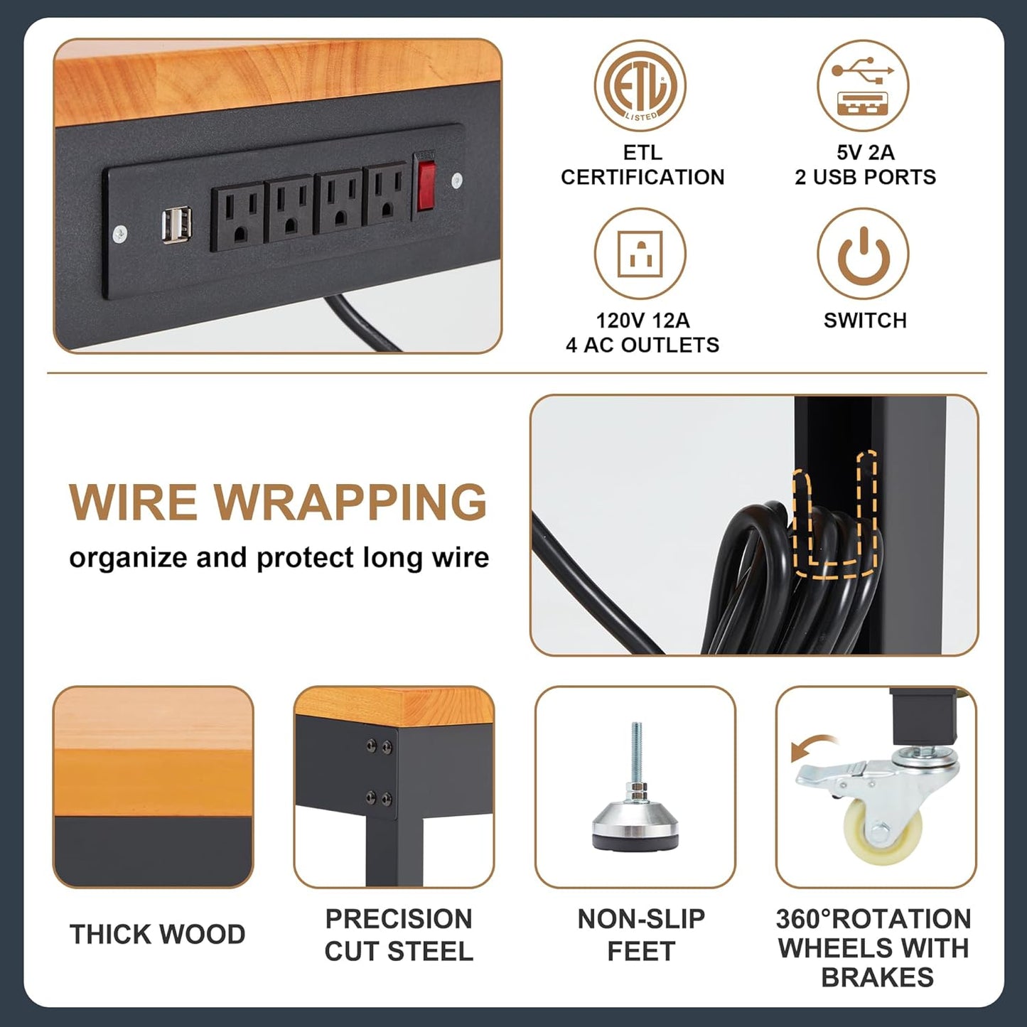 HABUTWAY Height Adjustable Workbench with Wheels 48" x 24" 2000 Lbs Capacity Solid Wood Work Station Heavy-Duty Rolling Work Tables for Garage Party Shop Office