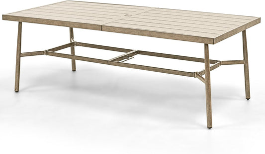 HAPPATIO Patio Table for 8, Large Modern Rectangle Outdoor Dining Table with Umbrella Hole and Adjustable Feet, All Weather Aluminum Patio Table for Garden, Backyard and Poolside, Brown