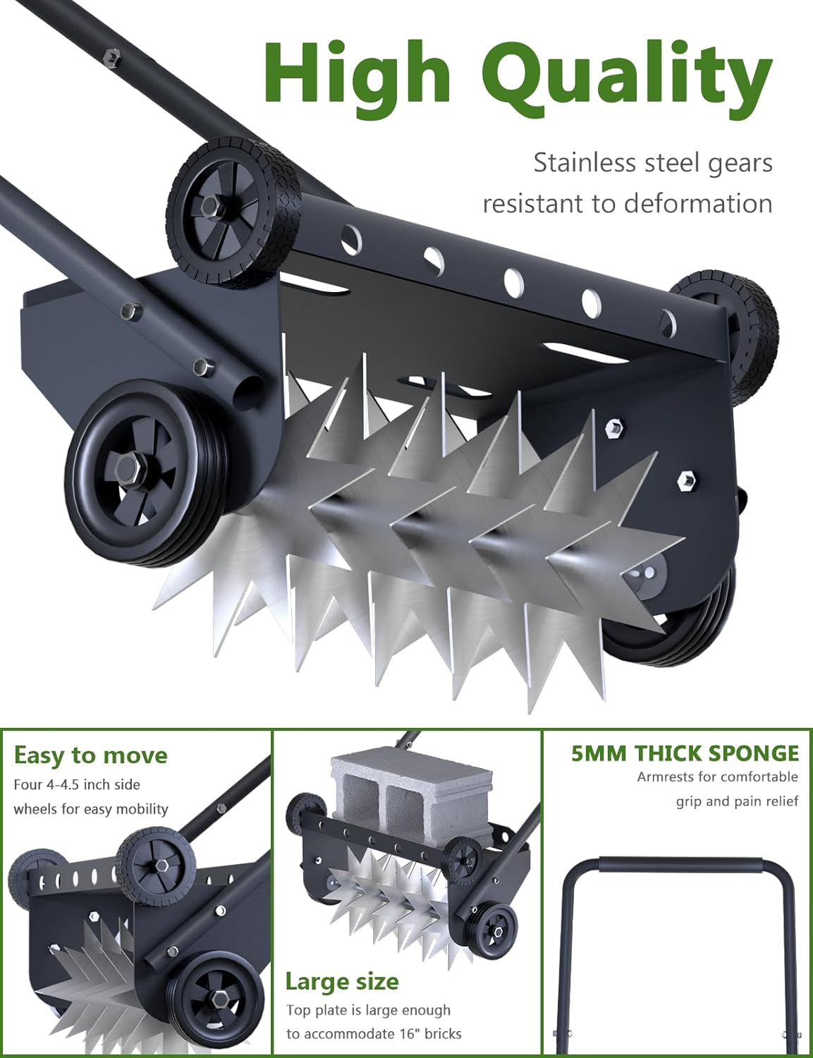 18-Inch Lawn Aerator Spike, Heavy Duty Push Spike Aerator, Rotary Lawn Aerator Tool, Manual Aerator Lawn Tool with Foam Armrests, Push Lawn Aerator with 4 Wheels for Lawn, Yard Aeration