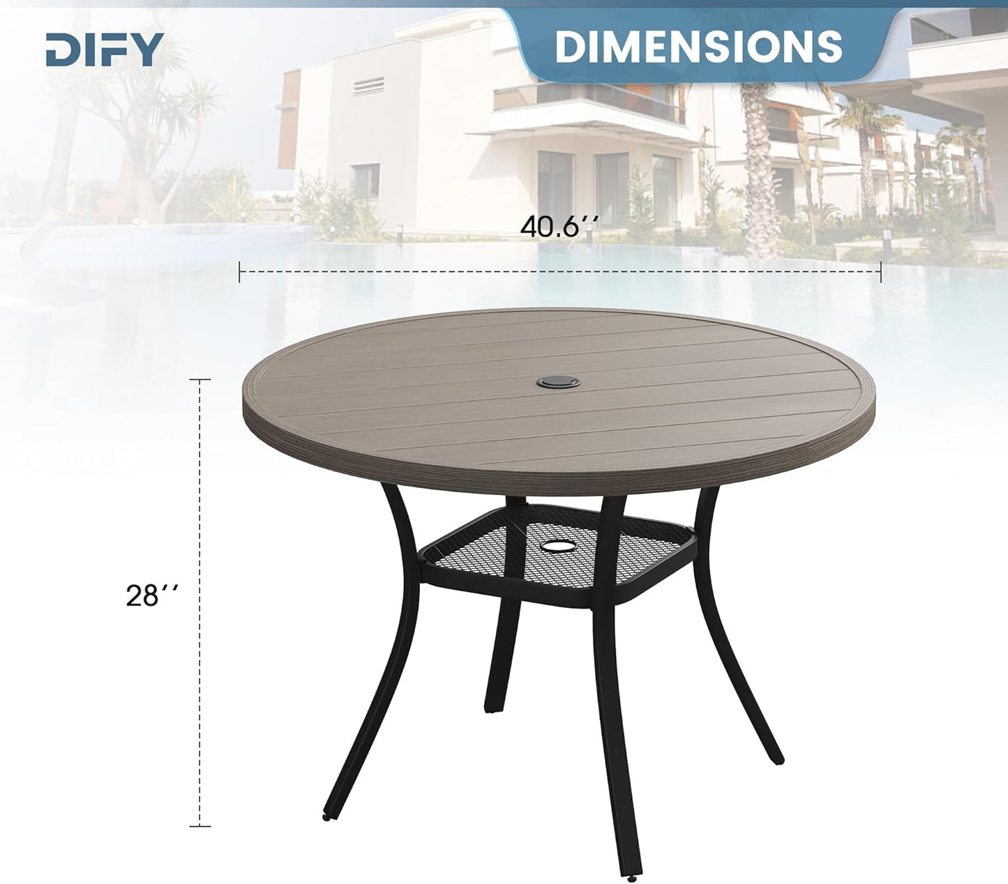 DIFY Outdoor Dining Table for 4, Round Patio Table with Umbrella Hole for Garden, Backyard and Porch (Grey)