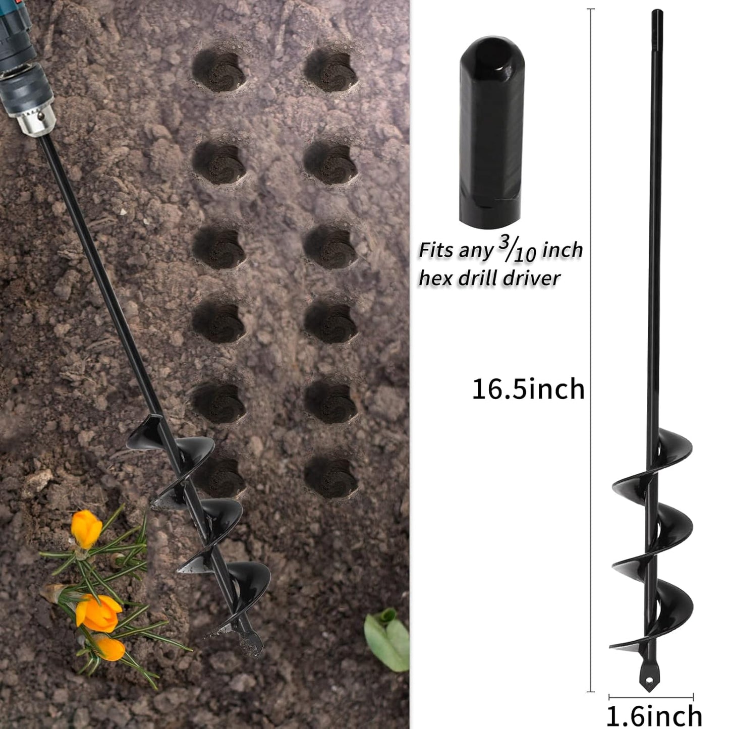 TCBWFY Auger Drill Bit for Planting 1.6x16.5inch Extended Length Garden Auger Spiral Drill Bit for Planting Bulbs Flowers,Post Hole Digger for 3/8”Hex Drill