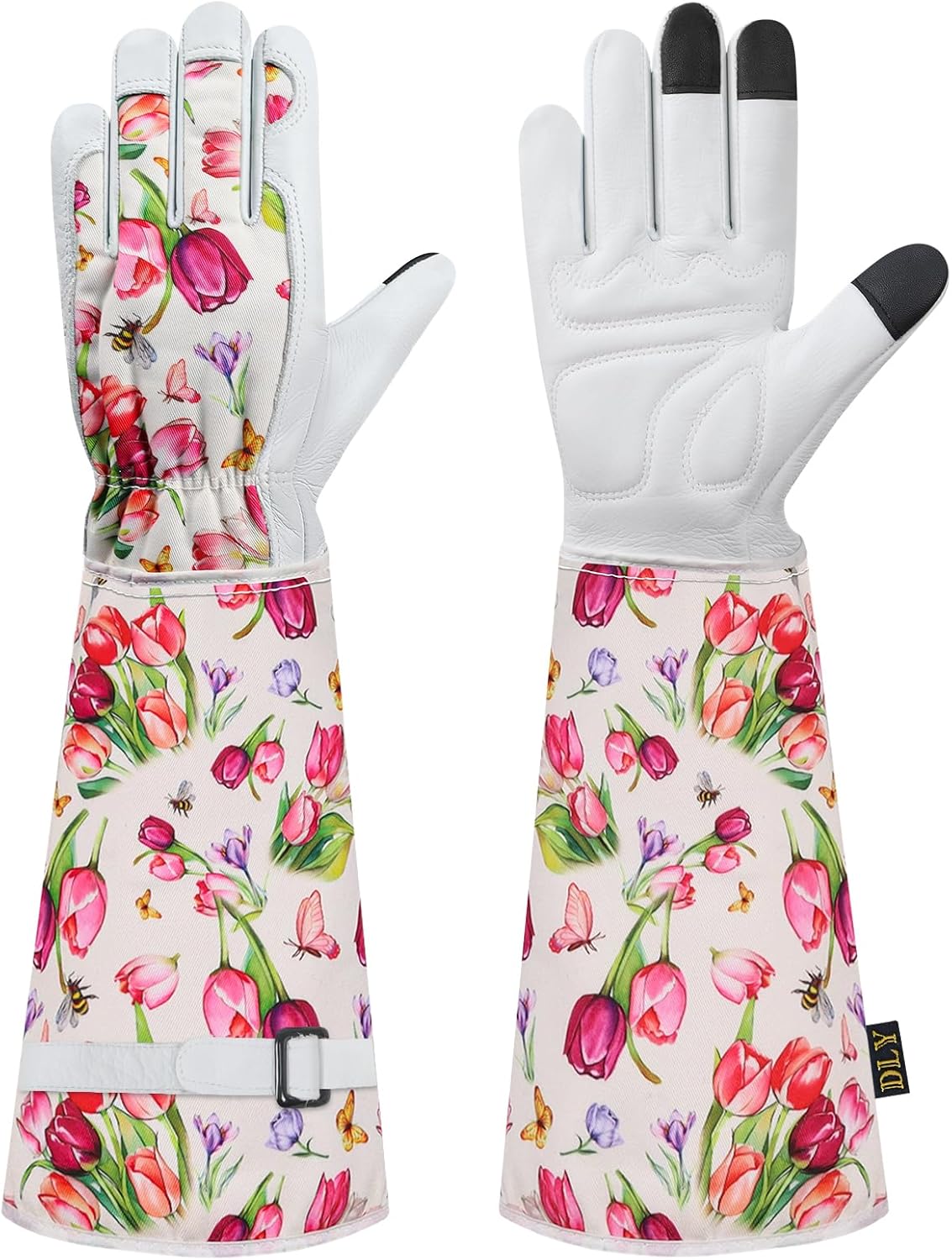 DLY Gardening Gloves for Women, Rose Gloves Gardening Thorn Proof, Long Garden Gloves for Women, Breathable Cowhide Leather Gauntlet(Large,White)
