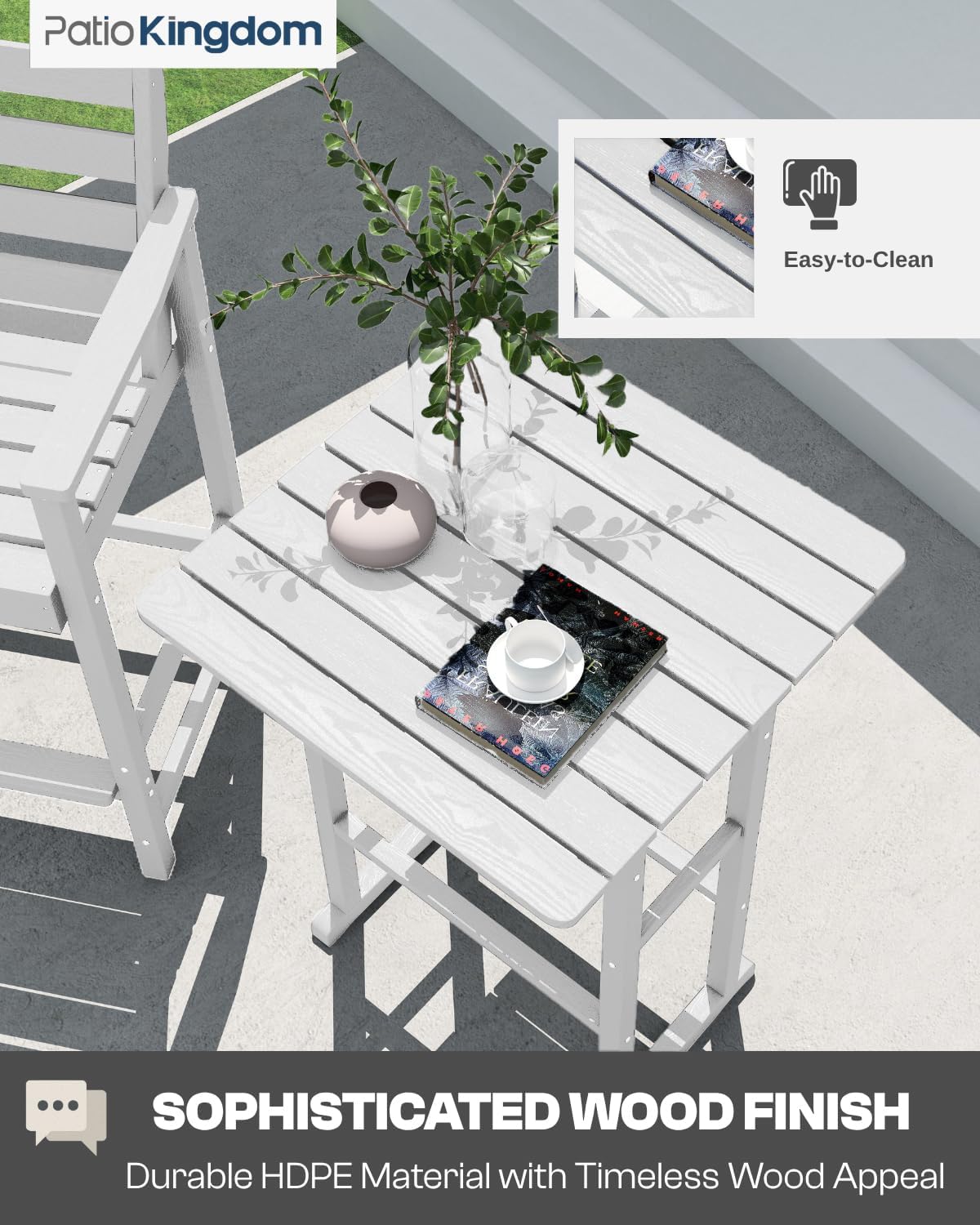 3-Piece Outdoor Bar Set with Beige 9FT Patio Umbrella, HDPE Tall Balcony Adirondack Chairs and Table, All-Weather Outdoor Bar Stools for Patio (White)