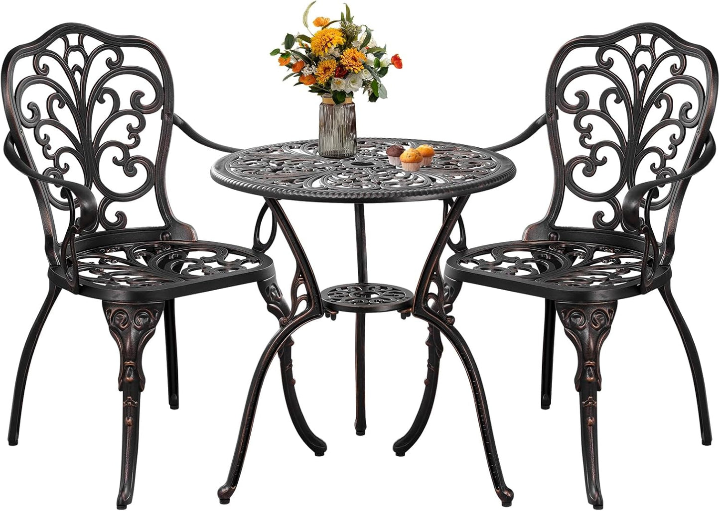 3 Piece Cast Aluminum Bistro Set, Bronze Bistro Table and Chairs Set of 2, 3 Piece Patio Furniture Set with 1.97" Umbrella Hole for Backyard, Balcony, Deck