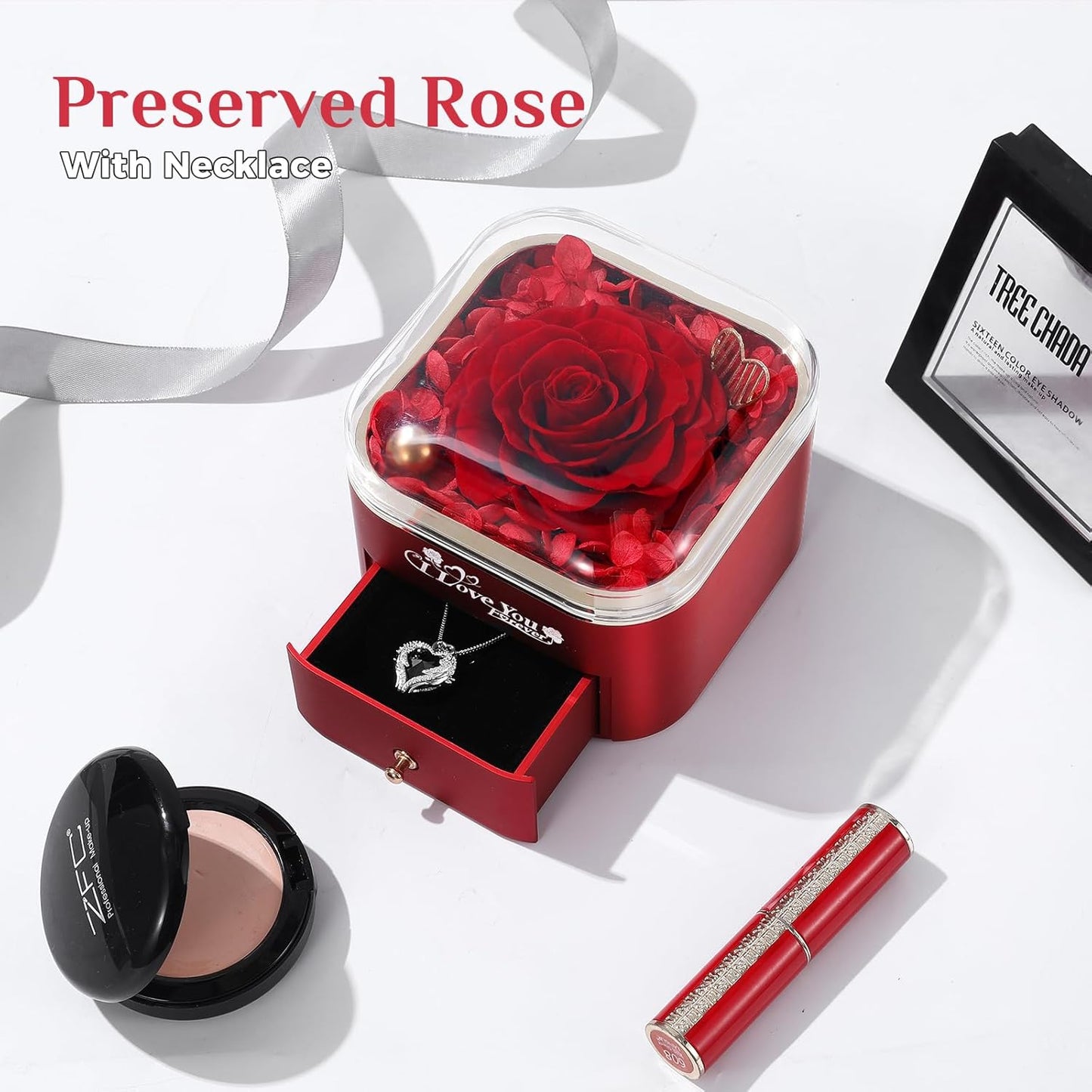 Mikasol Preserved Rose & Heart-Shaped Necklace with Jewelry Box - Preserved Rose, Ideal Romantic Gift for Women, Anniversary, Valentines, Red, 4.9"x4.5"x4.2"