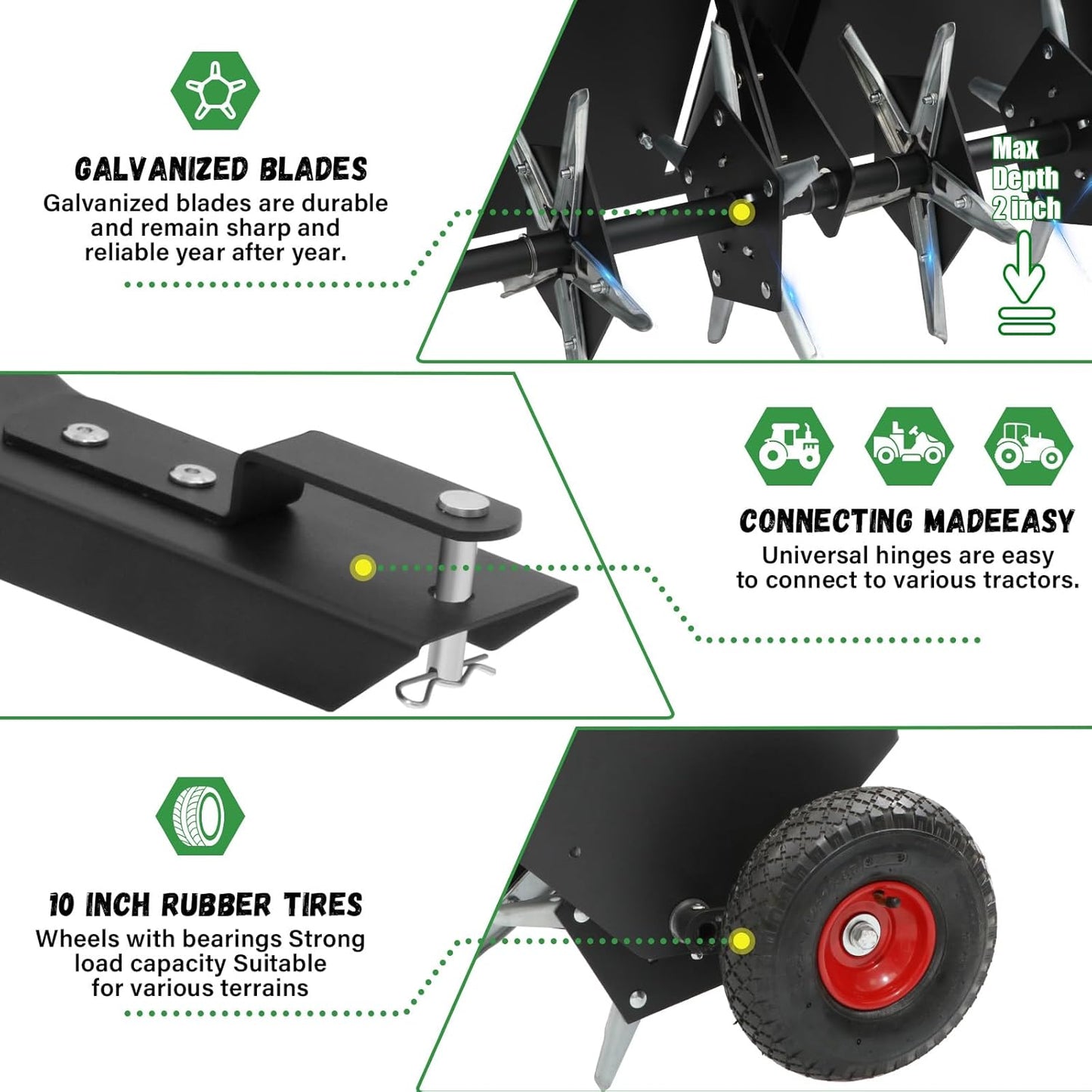 Doniks 52-Inch Tow Behind Lawn Plug Aerator with Universal Hitch, Lawn Aerator Tow Behind with 40 Galvanised Steel Tines,Tray and Inflatable Wheels for Gardens, Lawns, Farms