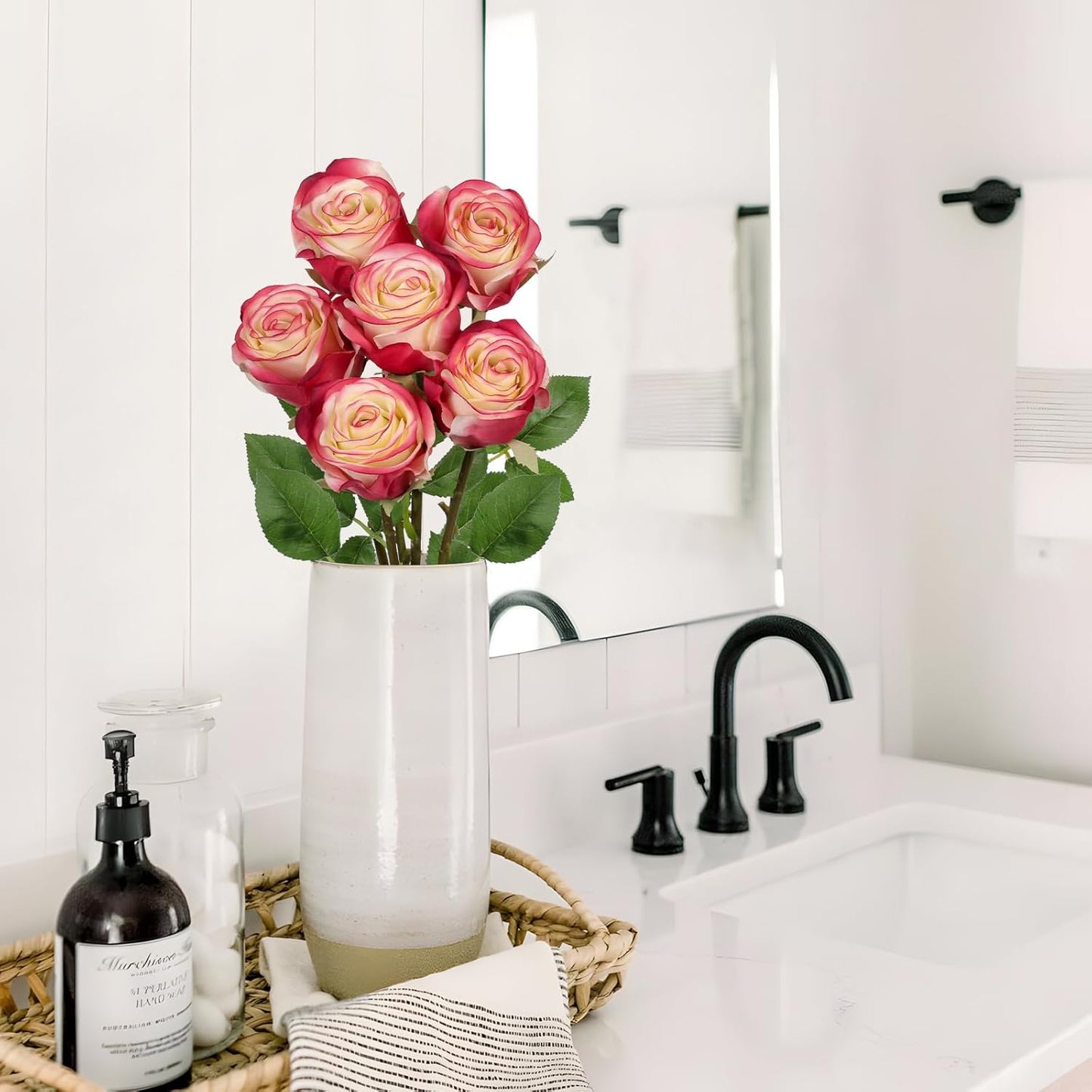 Briful Roses Artificial Flowers– 6PCS 18.9" White Red Rose Silk Flowers with Long Stems Realistic Fake Rose Bouquet for DIY Wedding Arrangements Table Vase Centerpieces Home Event Decor