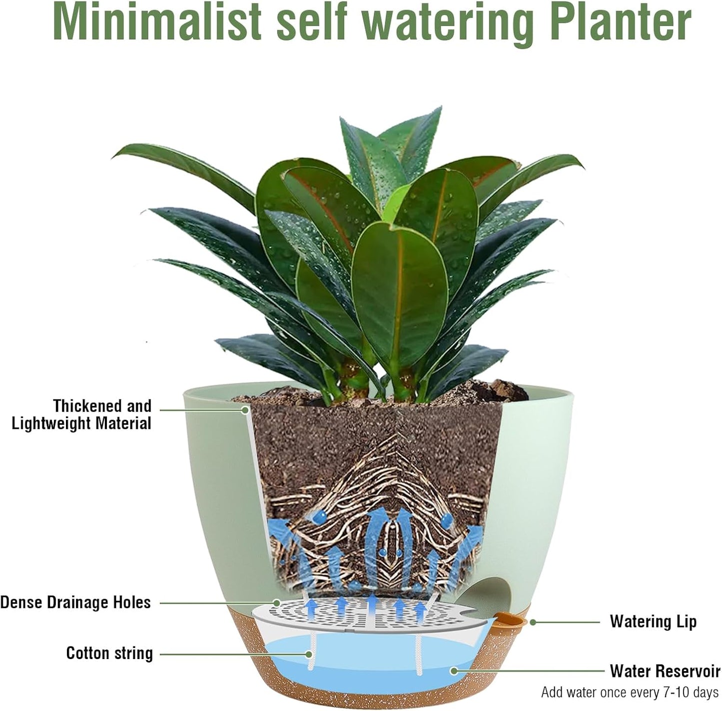 12 inch Large Self Watering Pots, Plant Pots with Mesh Drainage Holes for Indoor Outdoor Plants, Plastic Planters with Deep Reservoir for Garden House Flower Plants, Green with Brown