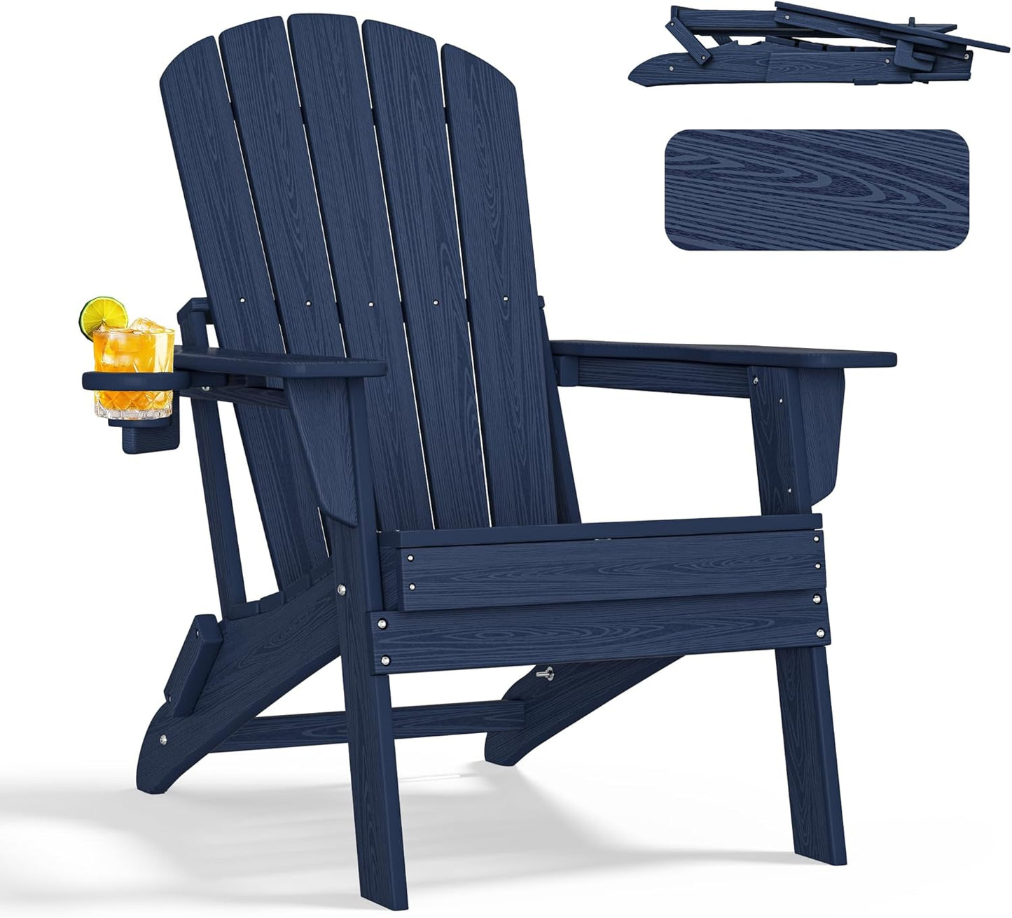 Folding Adirondack Chair - Extended Ergonomic Backrest, Cup Holder - Easy Assembly - Durable HDPE Plastic, Weather Resistant & Maintenance-Free - Lawn, Patio, Deck Supports 380lbs NavyBlue